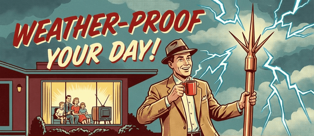 Retro illustration of a man holding a copper lightning rod and a coffee mug outside a suburban home during a thunderstorm
