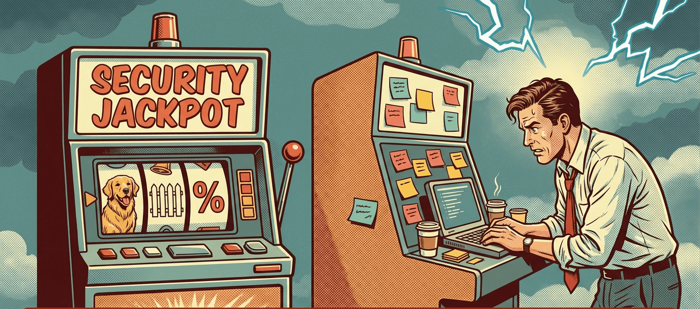 Two slot machines side by side — one labeled 'Security Jackpot' showing a dog, a fence, and a percentage sign; the other tipped on its side being used as a standing desk covered in Post-its, with a stressed founder working at a laptop